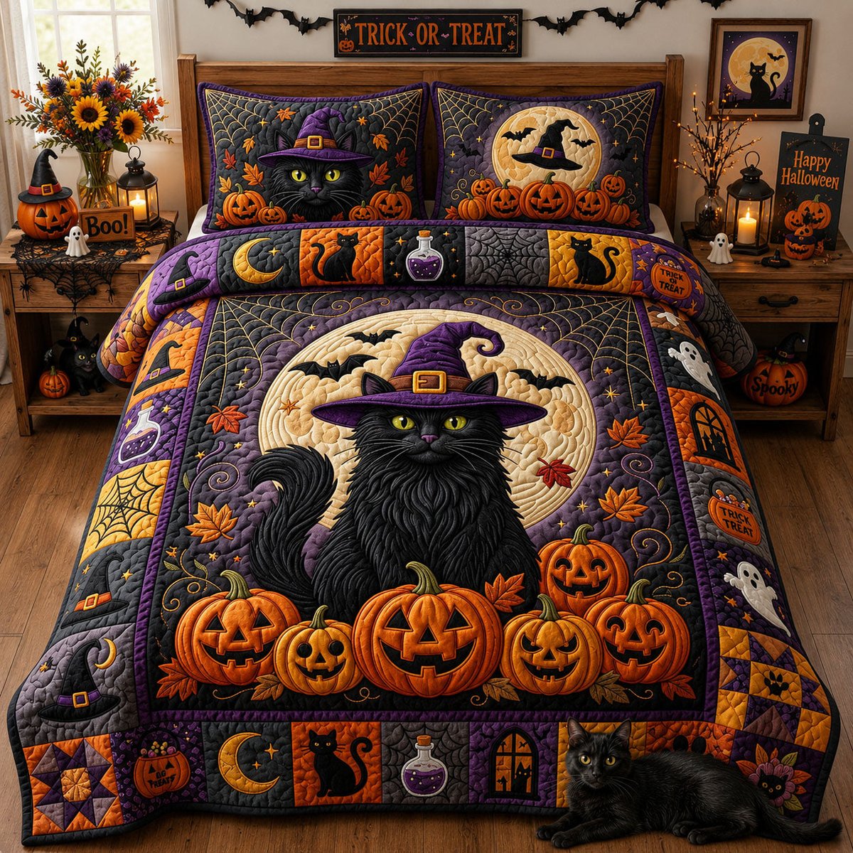 Black Cat Witch 3 Piece Quilted Bedding Set Halloween Gift For Cat Lovers