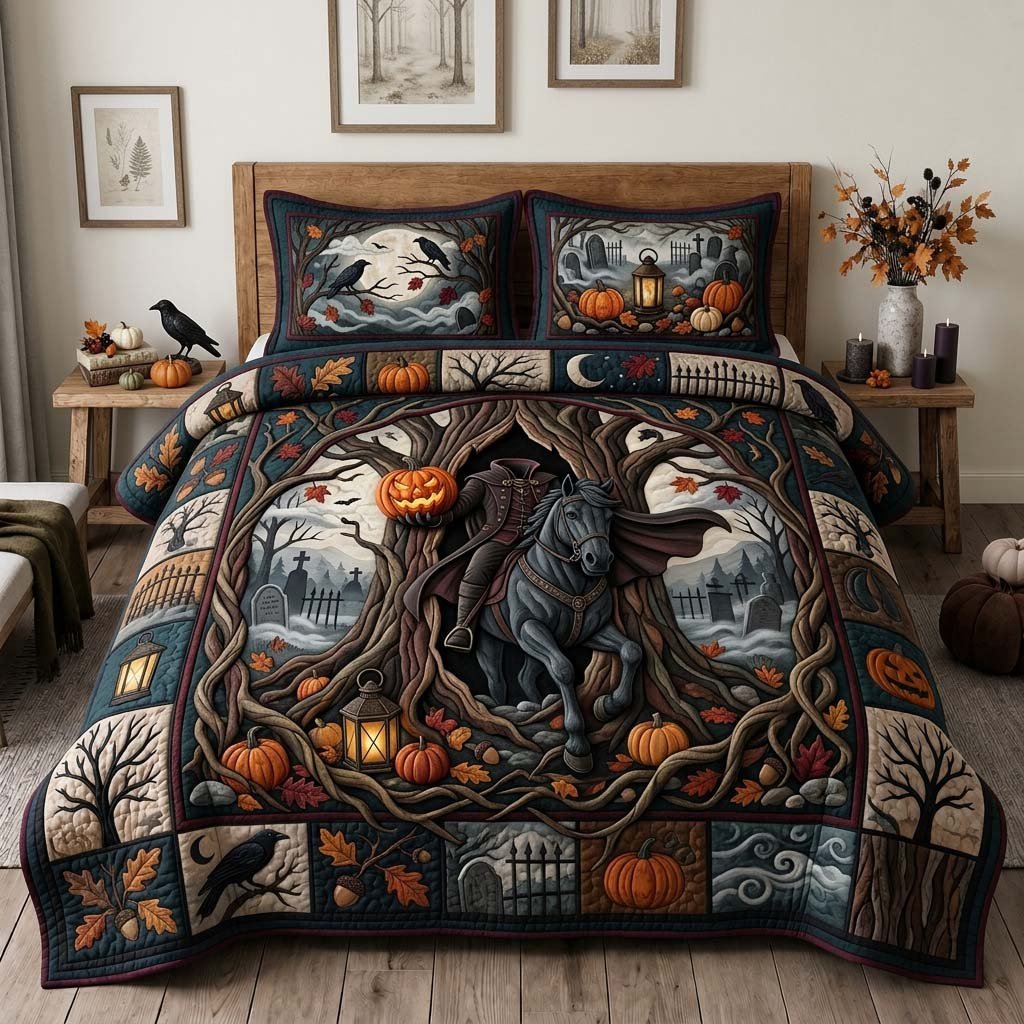 Graveyard Night Ride Horse 3 Piece Quilted Bedding Set Gift For Horse Lovers
