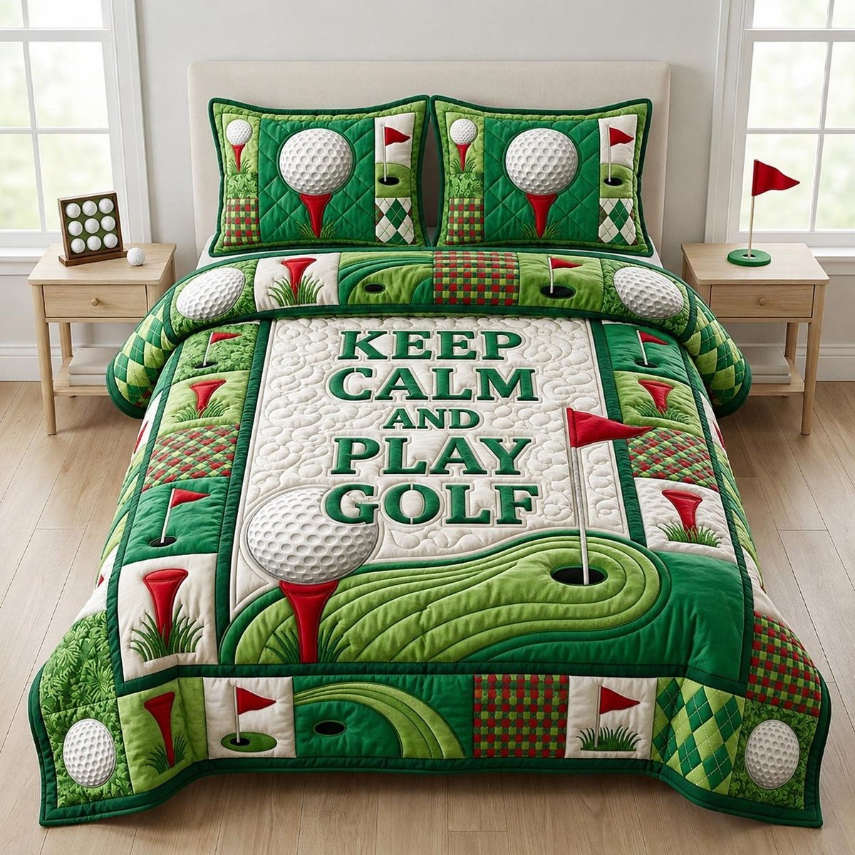 Keep Calm and Play Golf 3 Piece Quilted Bedding Set Gift For Sports Fans
