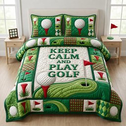Keep Calm and Play Golf 3 Piece Quilted Bedding Set Gift For Sports Fans