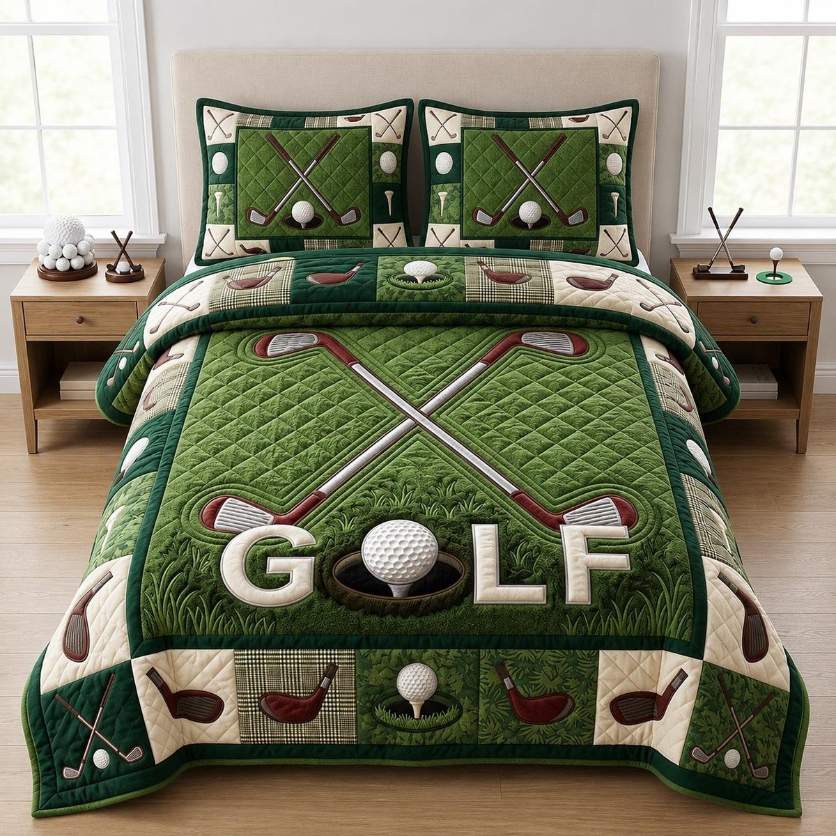 Golf Course 3 Piece Quilted Bedding Set Gift For Sports Fans