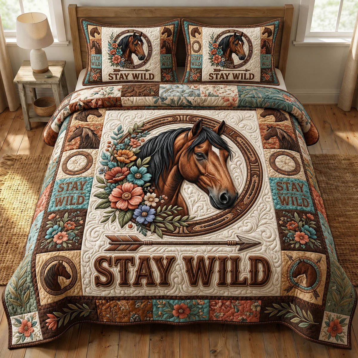 Prairie Horse 3 Piece Quilted Bedding Set Gift For Horse Lovers