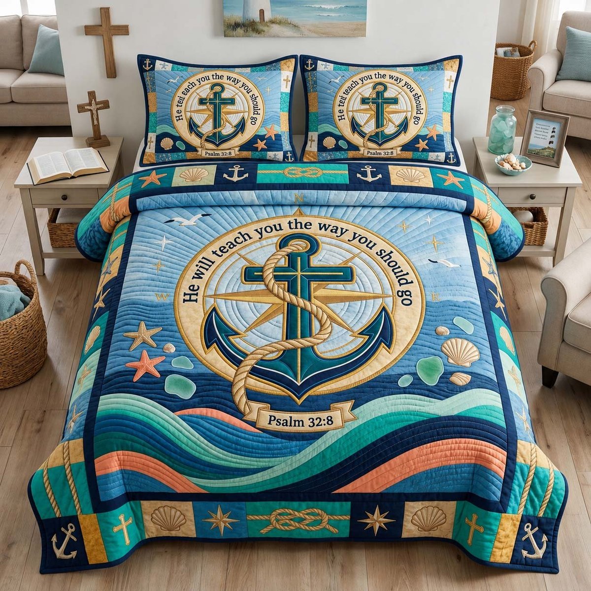Ocean Path Christian 3 Piece Quilted Bedding Set Gift For Beach Lovers