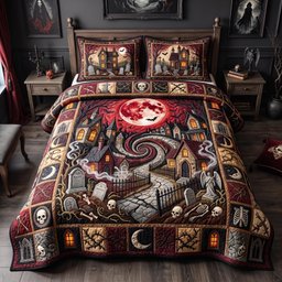 Spooky Village 3 Piece Quilted Bedding Set Halloween Gift For Gothic Decor Lovers