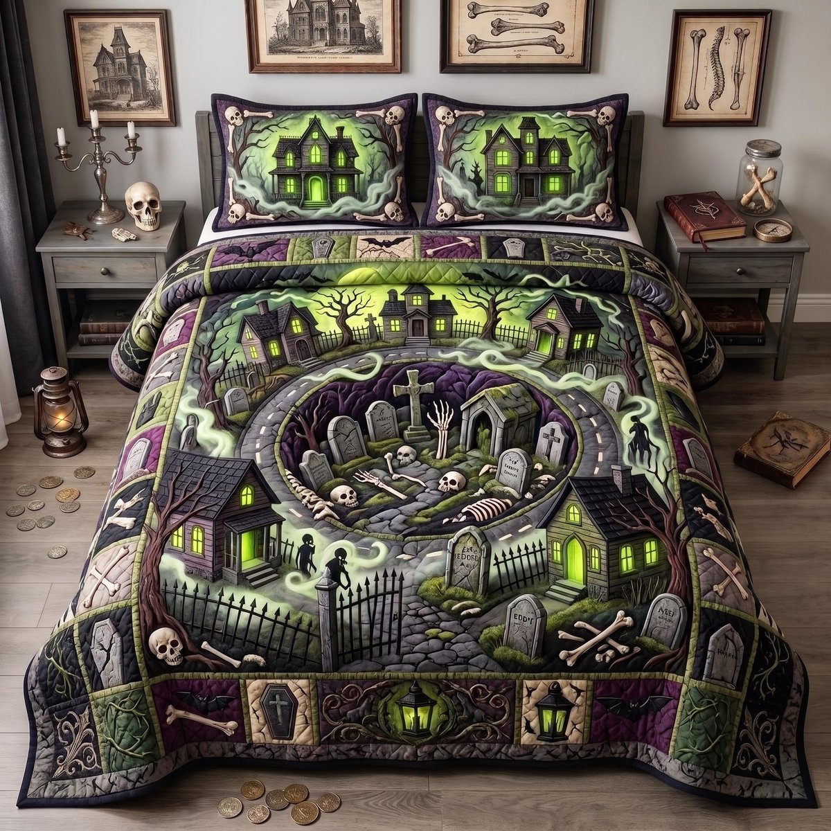 Hollow 3 Piece Quilted Bedding Set Halloween Gift For Gothic Decor Lovers
