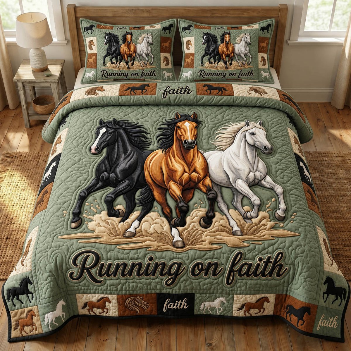 Prairie Horse 3 Piece Quilted Bedding Set Gift For Horse Lovers