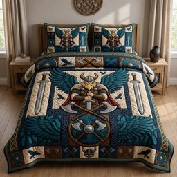 Nordic Viking Skull 3 Piece Quilted Bedding Set Gift For Wolf Lovers