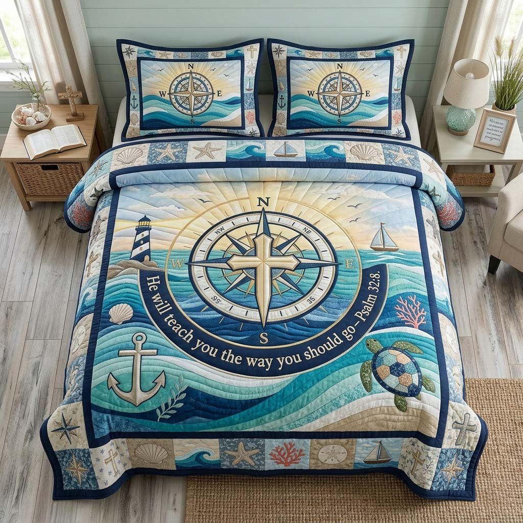 Anchor Guidance Christian 3 Piece Quilted Bedding Set Gift For Beach Lovers