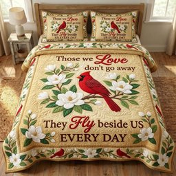 Red Cardinal 3 Piece Quilted Bedding Set Gift For Bird Lovers