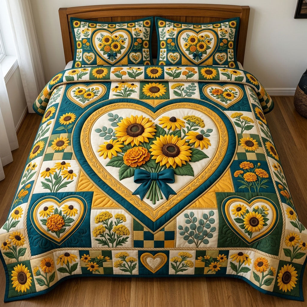 Floral Patchwork 3 Piece Quilted Bedding Set Gift For Flower Lovers