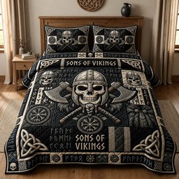 Sons of Vikings Skull 3 Piece Quilted Bedding Set Gift For Wolf Lovers