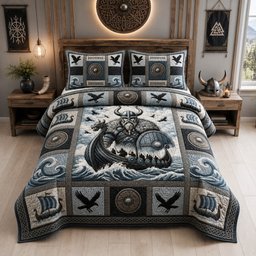 Nordic Viking Skull 3 Piece Quilted Bedding Set Gift For Wolf Lovers