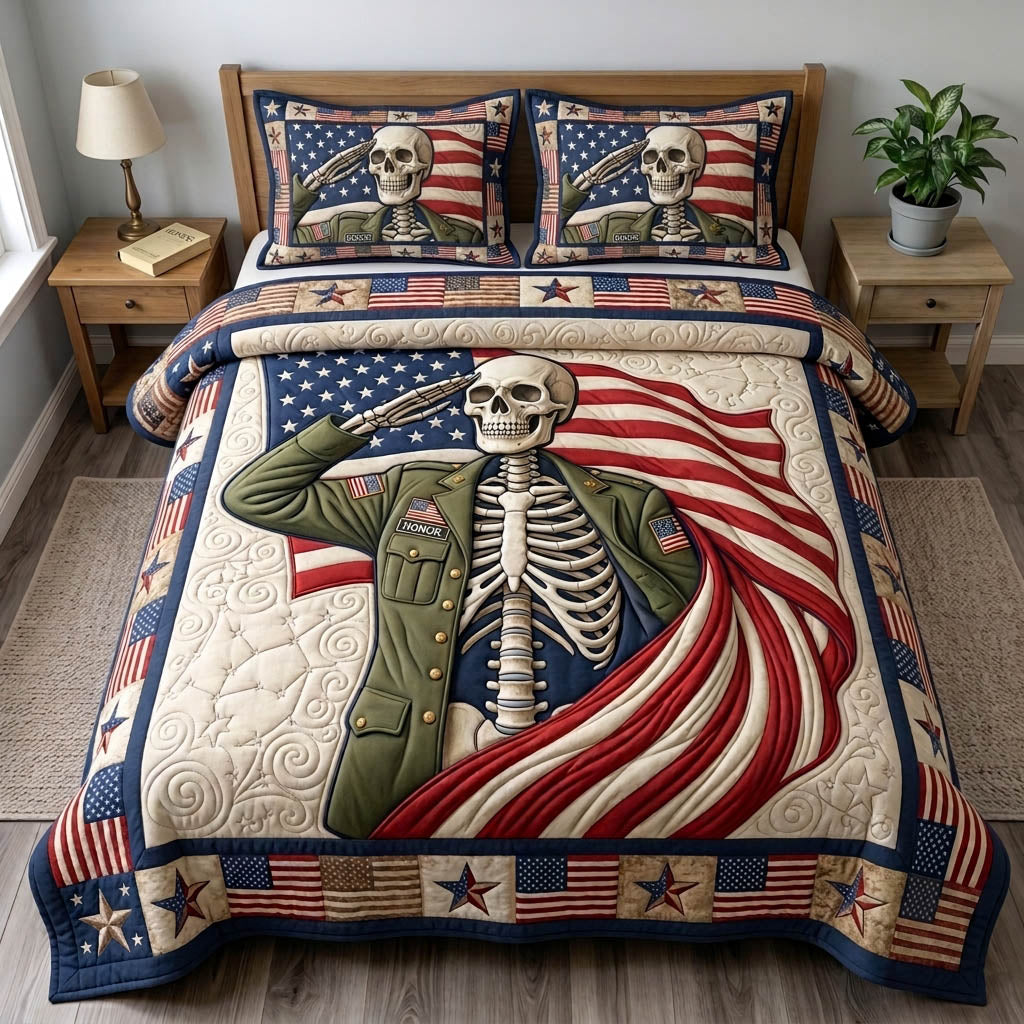Patriotic Skull 3 Piece Quilted Bedding Set Gift For Gothic Decor Lovers