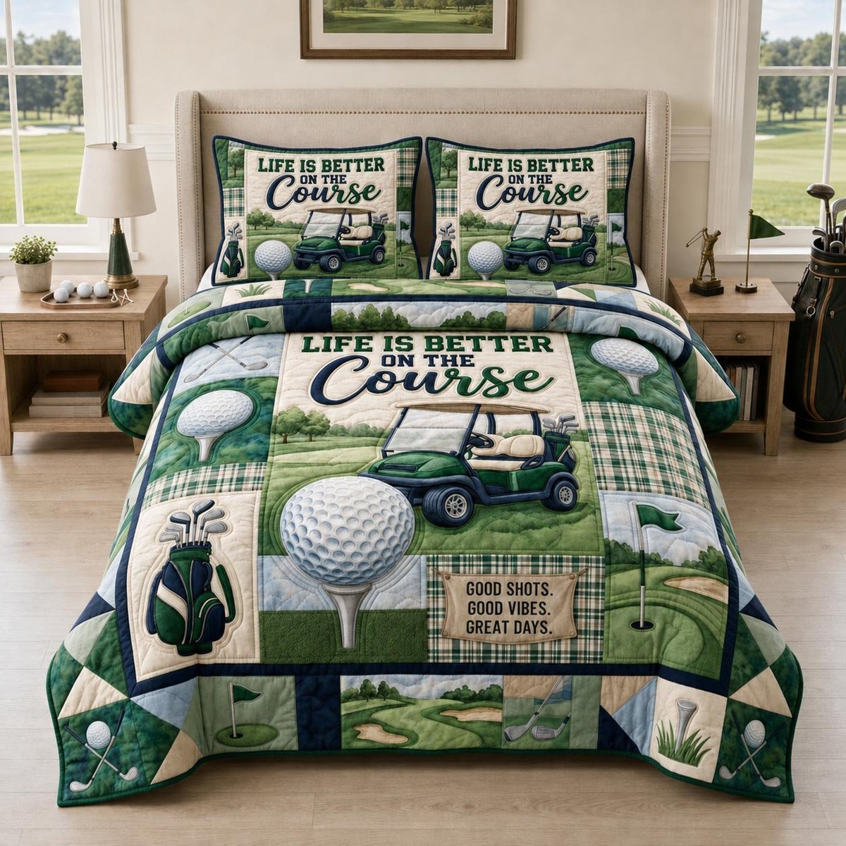 Golf Course 3 Piece Quilted Bedding Set Gift For Sports Fans