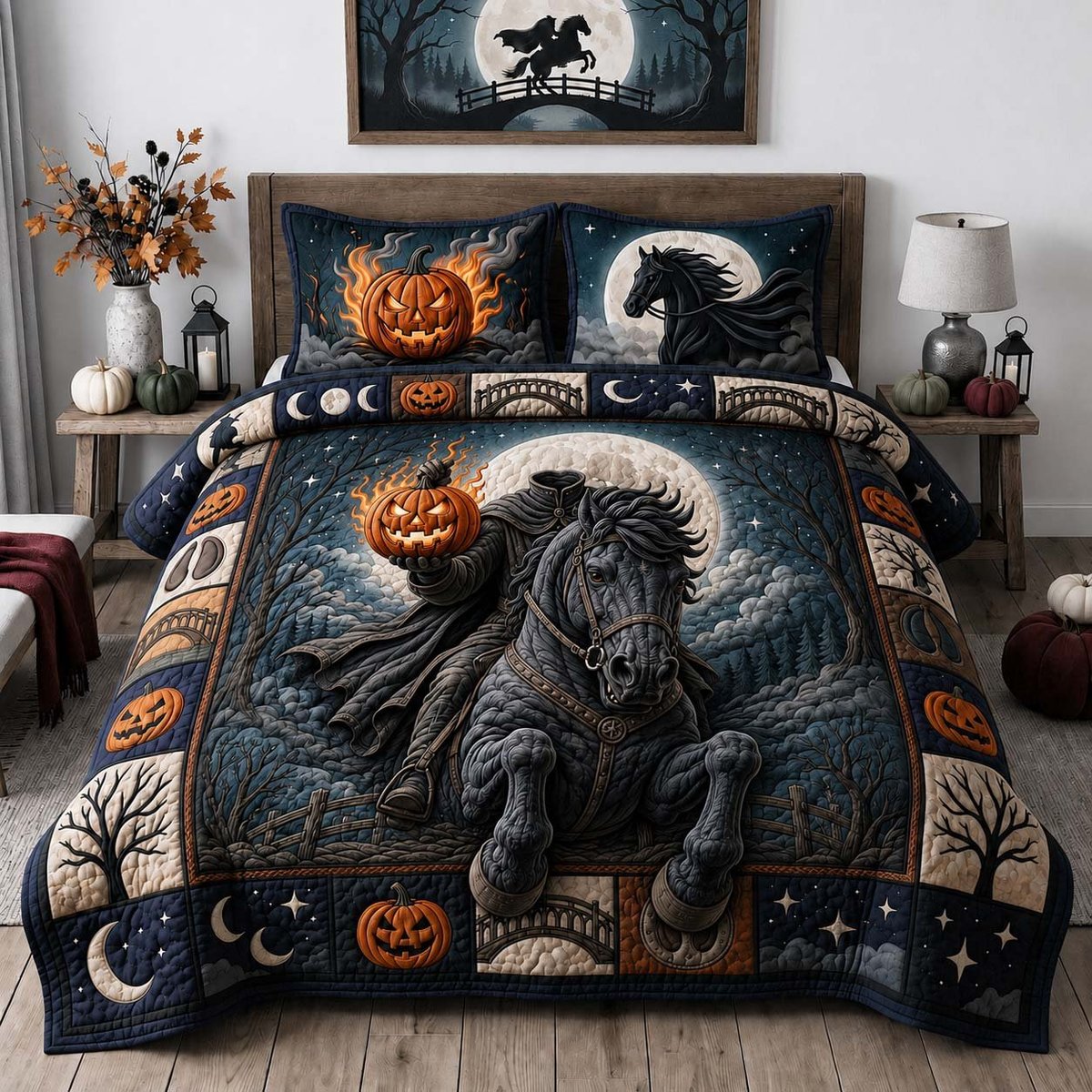Midnight Pumpkin Rider Horse 3 Piece Quilted Bedding Set Gift For Horse Lovers