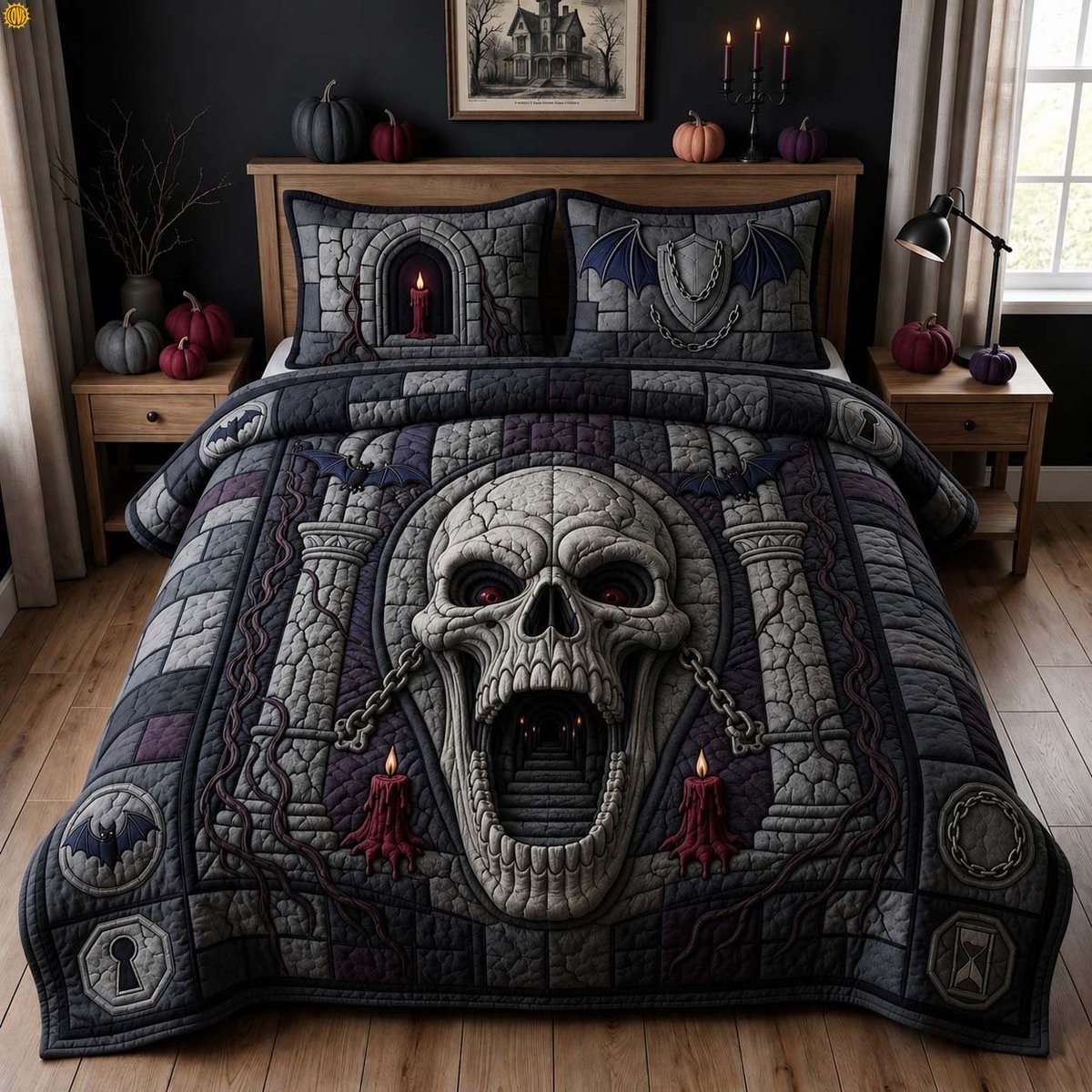 Dungeon Skull Gate 3 Piece Quilted Bedding Set Gift For Gothic Decor Lovers
