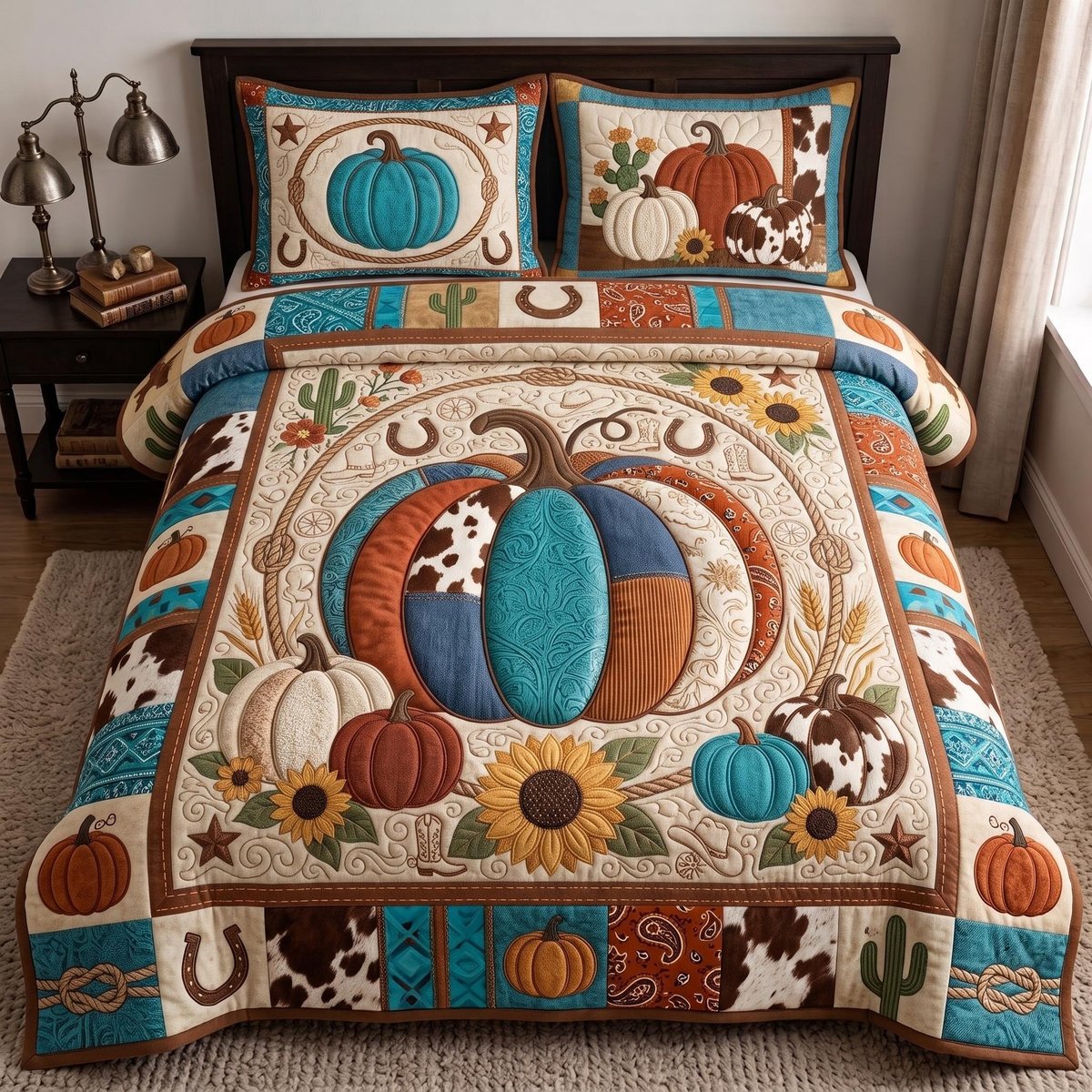 Western Pumpkin 3 Piece Quilted Bedding Set Gift For Western Lovers