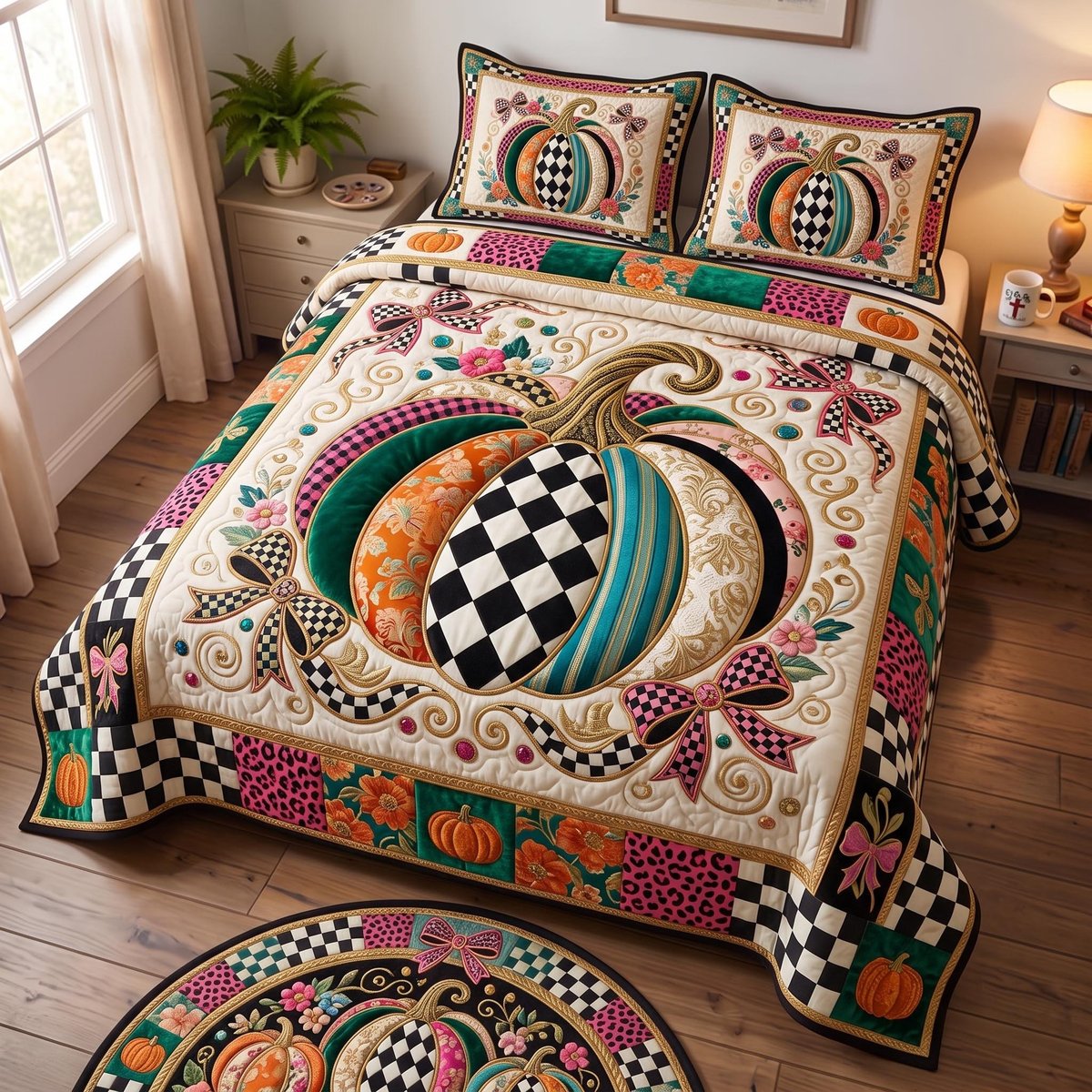 Boho Pumpkin 3 Piece Quilted Bedding Set Gift For Gothic Decor Lovers