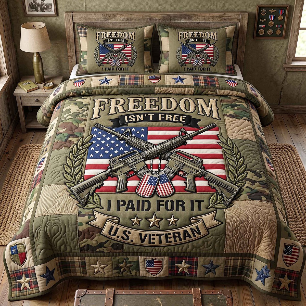 Veteran Pride 3 Piece Quilted Bedding Set Gift For Veterans
