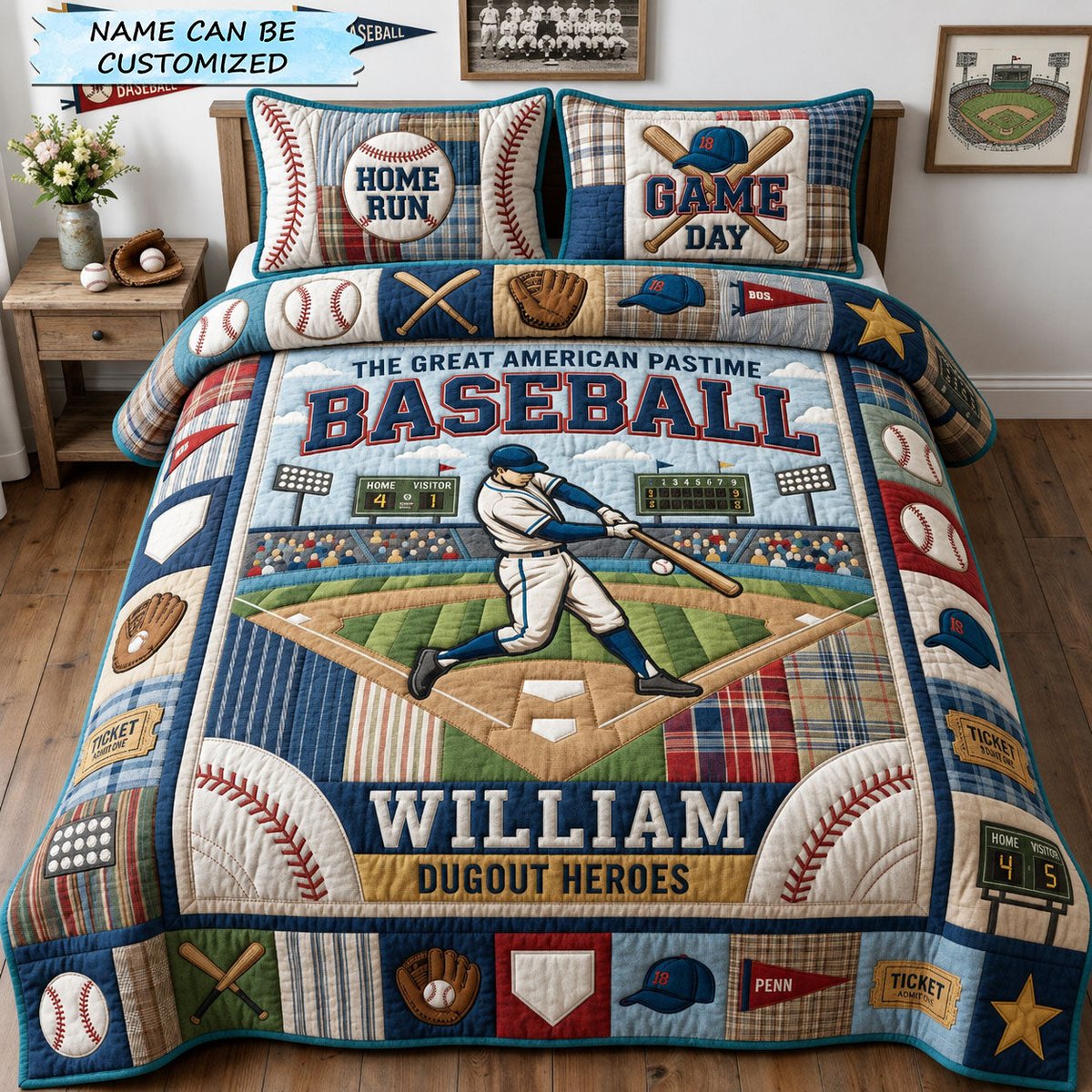 Baseball Heroes 3 Piece Quilted Bedding Set Gift For Sports Fans