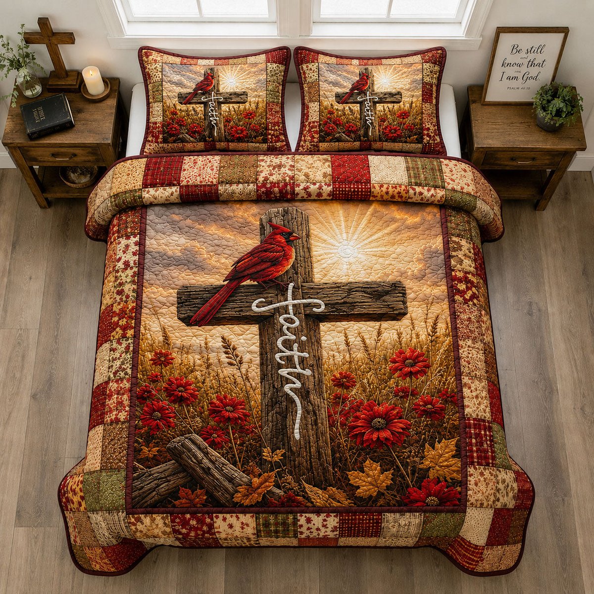 Faithful Cross Cardinal 3 Piece Quilted Bedding Set Gift For Bird Lovers