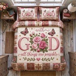Floral Faith 3 Piece Quilted Bedding Set Gift For Christians