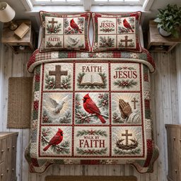 Faith and Jesus Cardinals Patchwork 3 Piece Quilted Bedding Set Gift For Christians