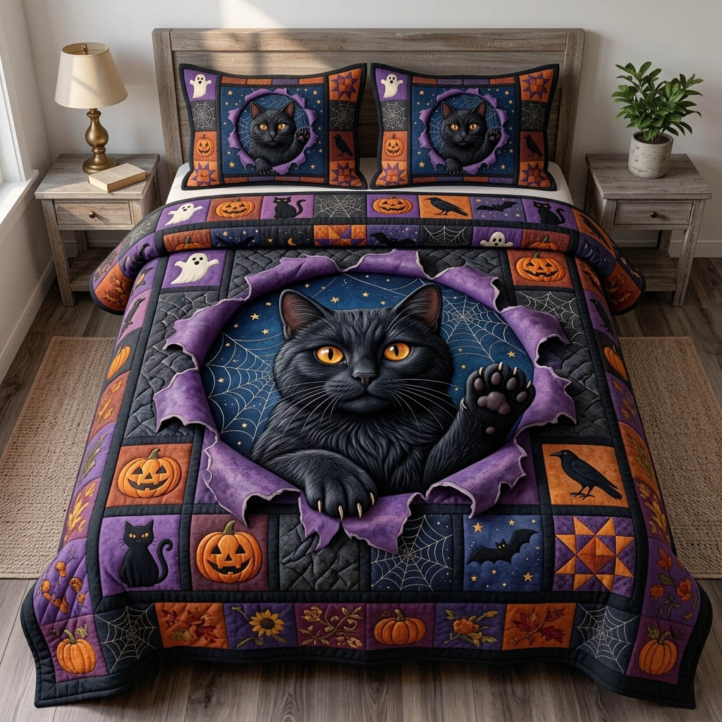 Black Cat 3 Piece Quilted Bedding Set Gift For Cat Lovers