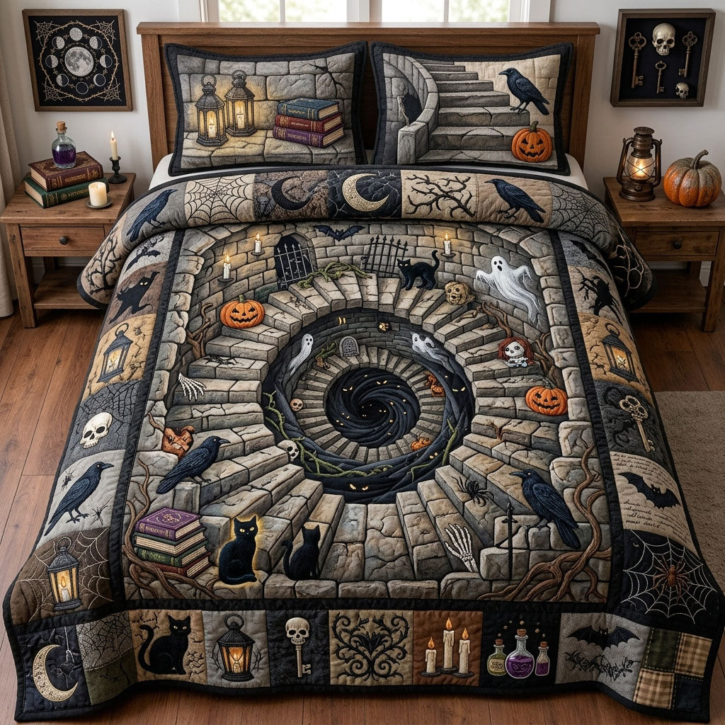 Haunted Stairway 3 Piece Quilted Bedding Set Halloween Gift For Gothic Decor Lovers