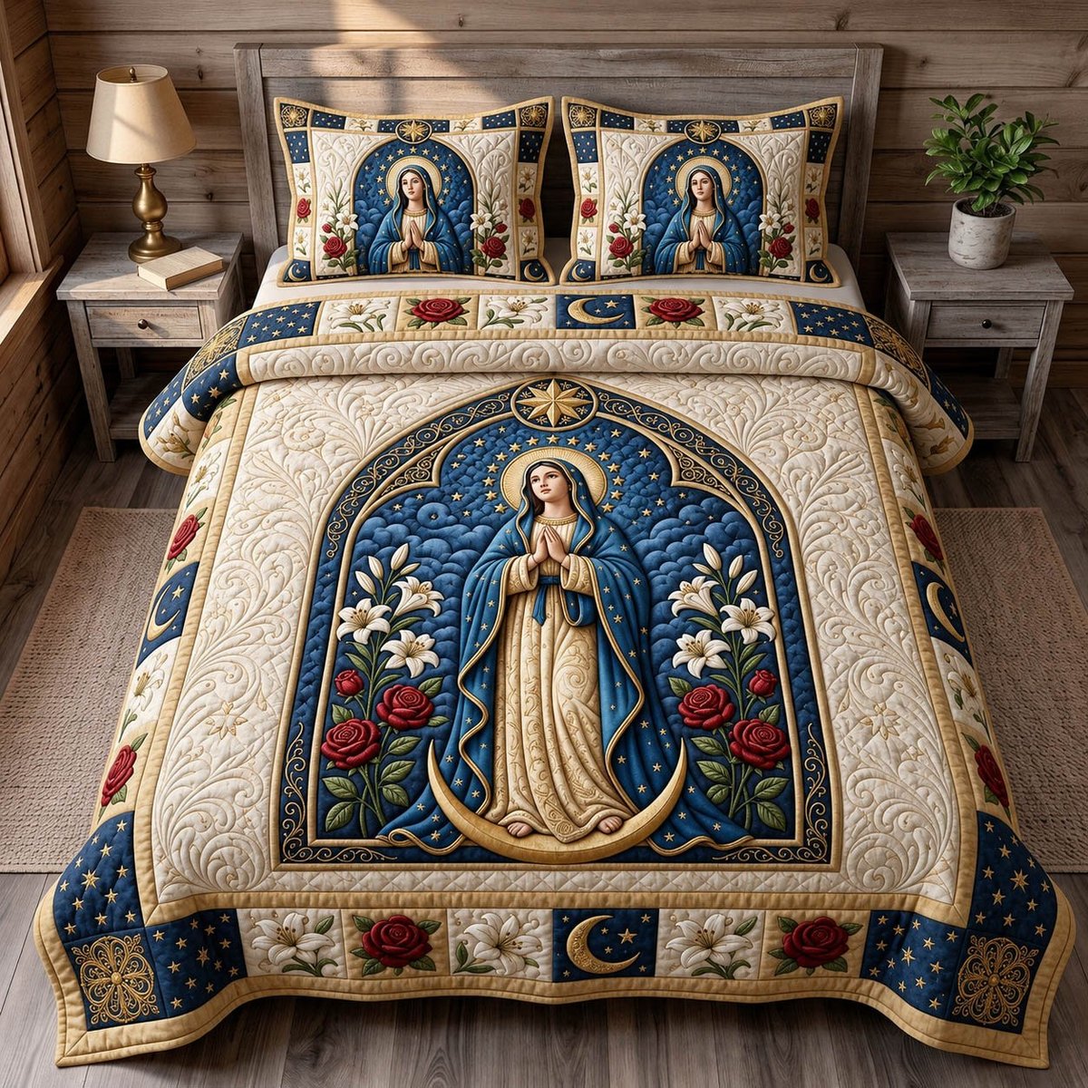Mother Mary Christian 3 Piece Quilted Bedding Set Gift For Christians