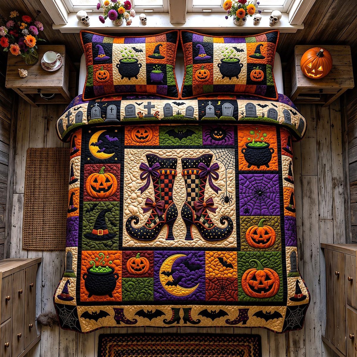 Wicked Magical Boots 3 Piece Quilted Bedding Set Gift For Gothic Decor Lovers