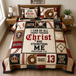 Christ Strengthens Me Baseball Faith 3 Piece Quilted Bedding Set Gift For Christians