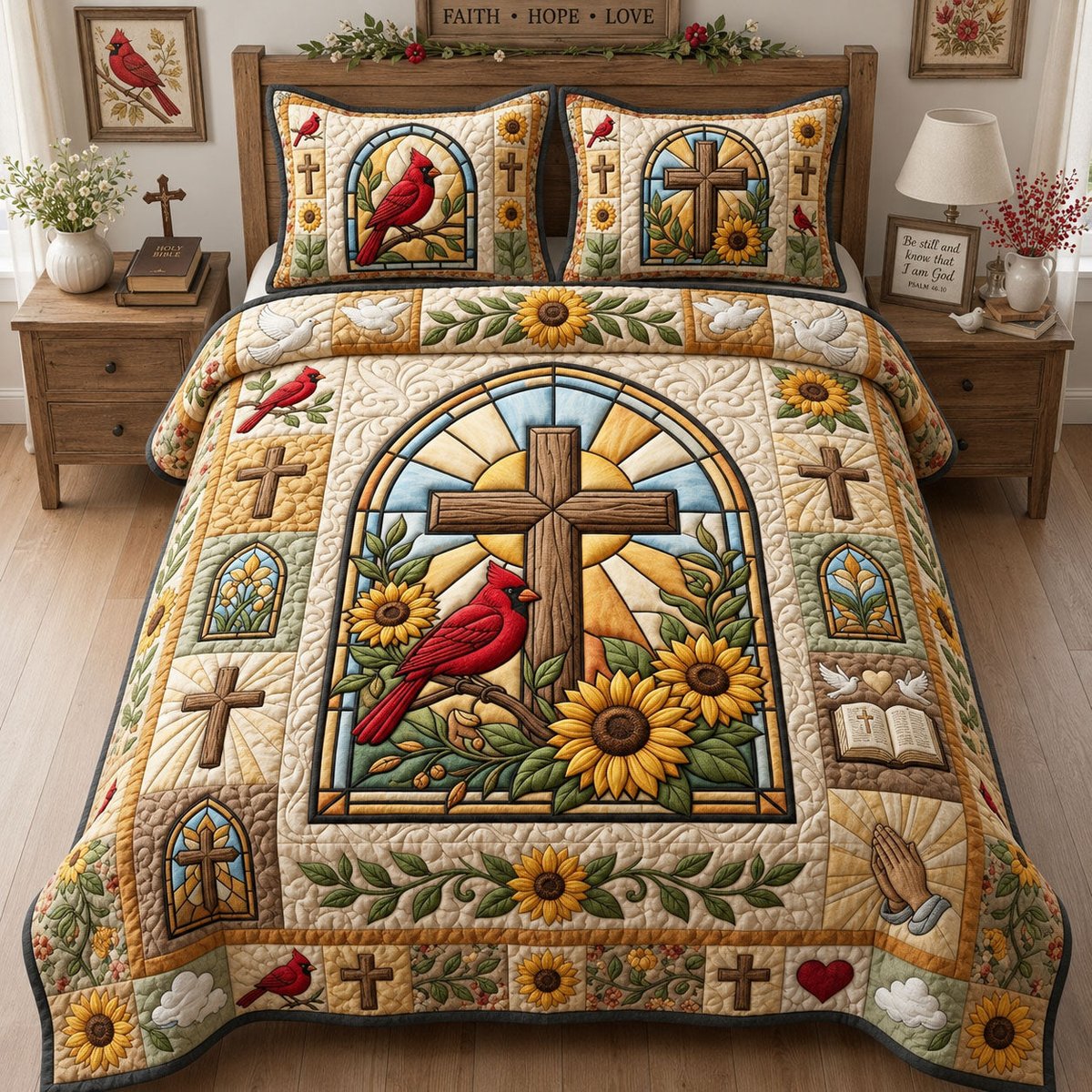 Cardinal Sunflower 3 Piece Quilted Bedding Set Gift For Bird Lovers