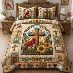 Cardinal Sunflower 3 Piece Quilted Bedding Set Gift For Bird Lovers