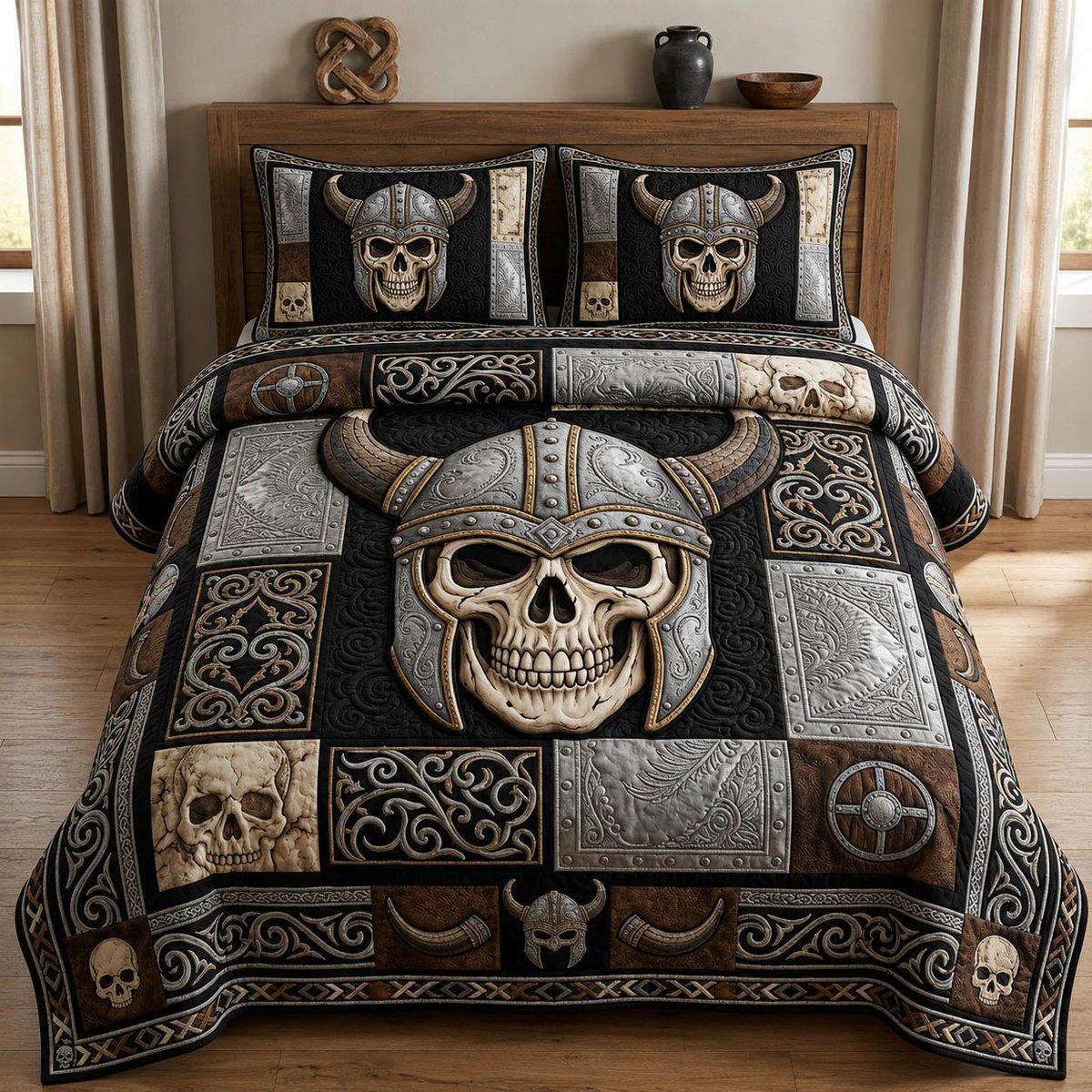 Viking Skull 3 Piece Quilted Bedding Set Gift For Gothic Decor Lovers