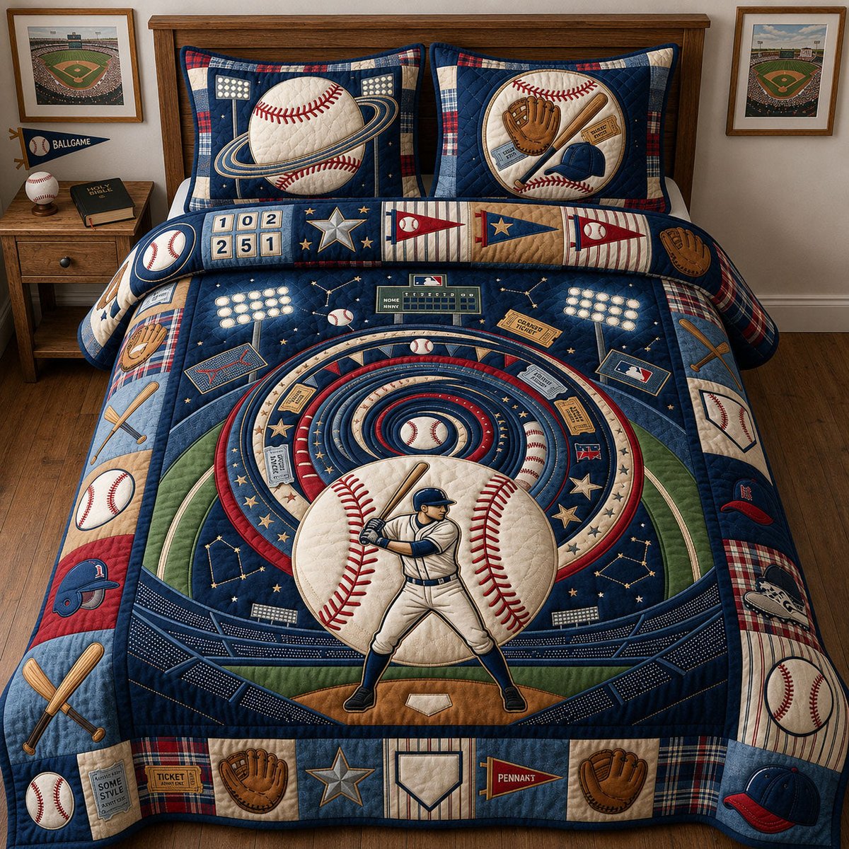 Baseball Universe Vortex 3 Piece Quilted Bedding Set Gift For Sports Fans
