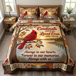 Red Cardinal 3 Piece Quilted Bedding Set Gift For Bird Lovers