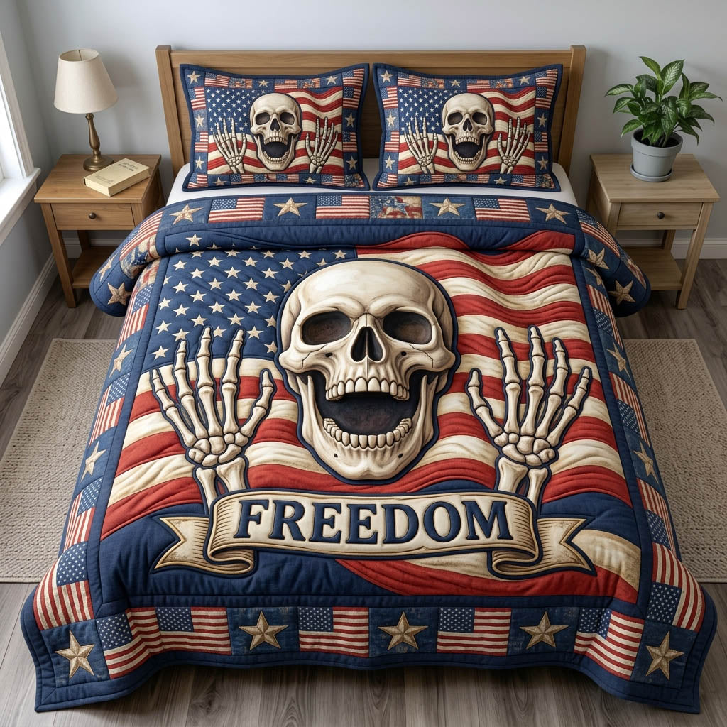 Patriotic Skull 3 Piece Quilted Bedding Set Gift For Gothic Decor Lovers