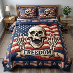Patriotic Skull 3 Piece Quilted Bedding Set Gift For Gothic Decor Lovers