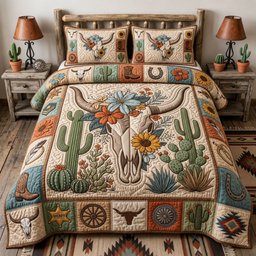 Western Bull Skull 3 Piece Quilted Bedding Set Gift For Western Lovers