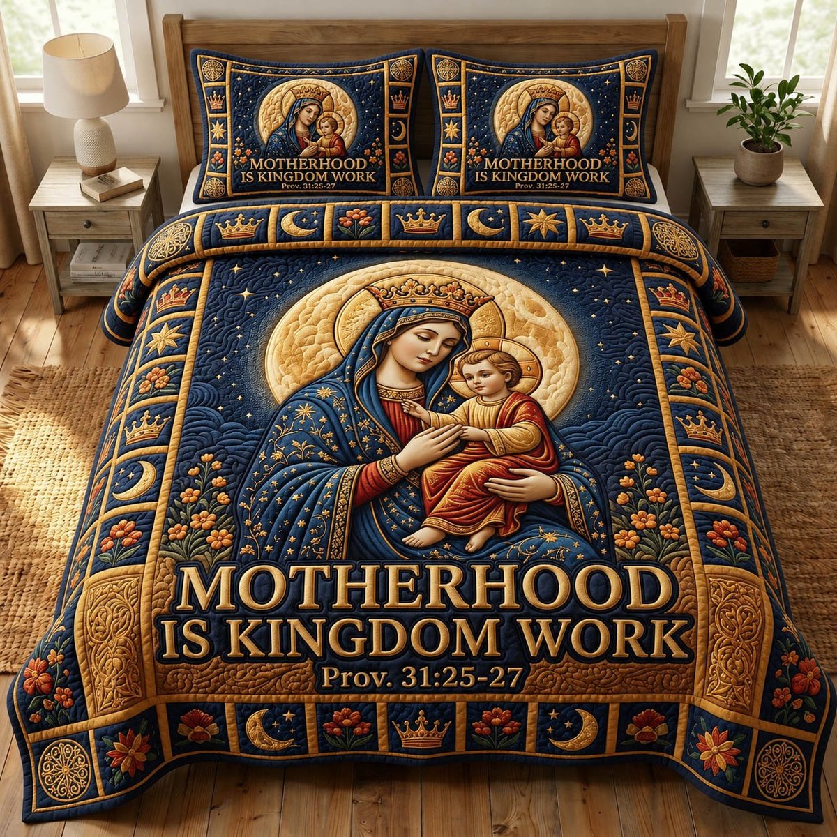 Mother Mary Christian 3 Piece Quilted Bedding Set Gift For Christians
