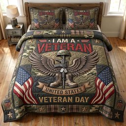 Veteran Pride 3 Piece Quilted Bedding Set Gift For Veterans