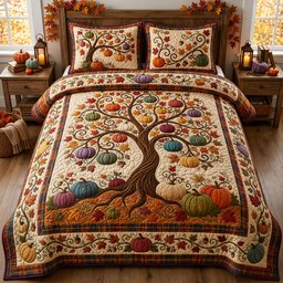 Pumpkin Tree Cat 3 Piece Quilted Bedding Set Gift For Cat Lovers