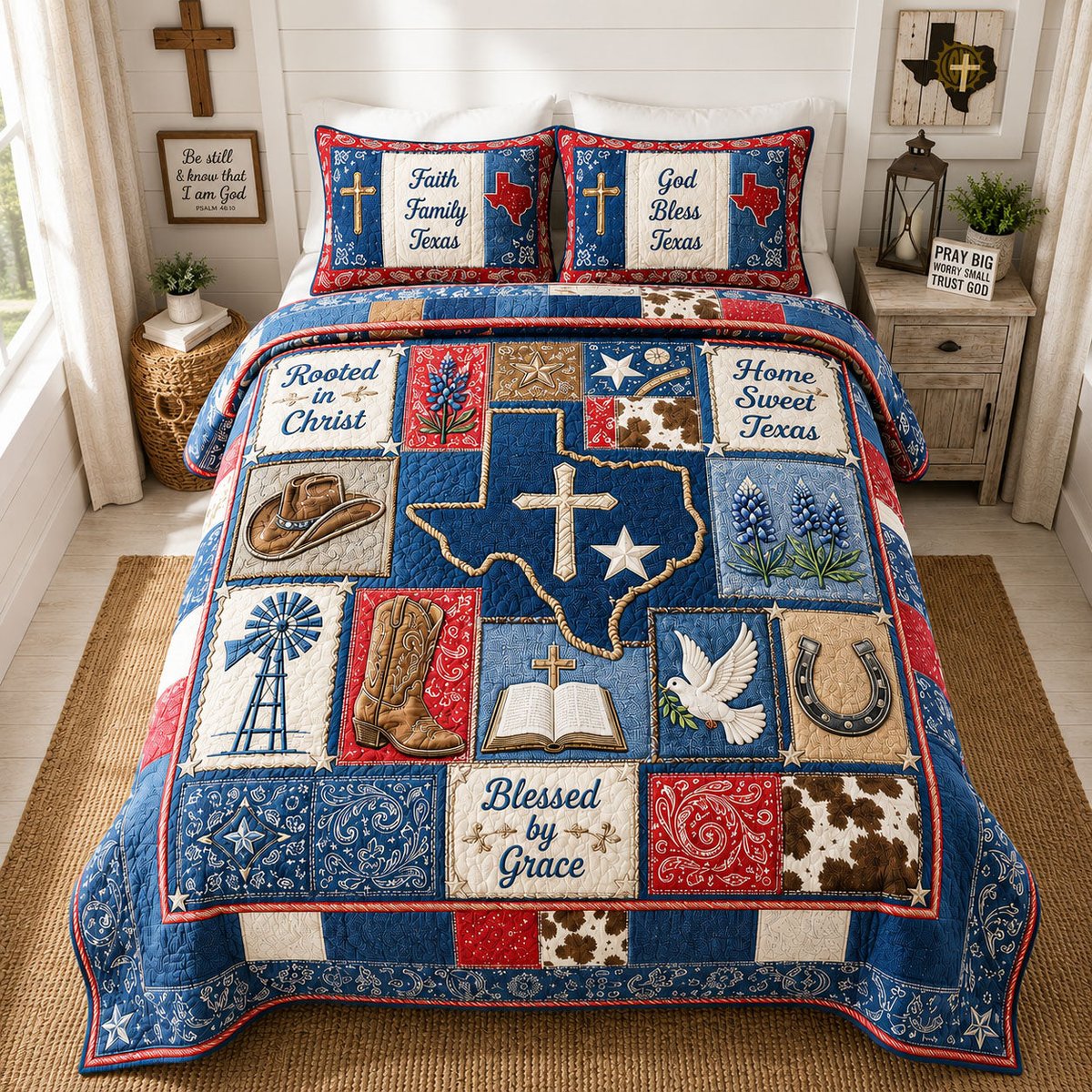 Rooted in Christ Texas Patchwork 3 Piece Quilted Bedding Set Gift For Western Lovers
