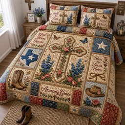 Amazing Grace Texas Floral Cross 3 Piece Quilted Bedding Set Gift For Western Lovers