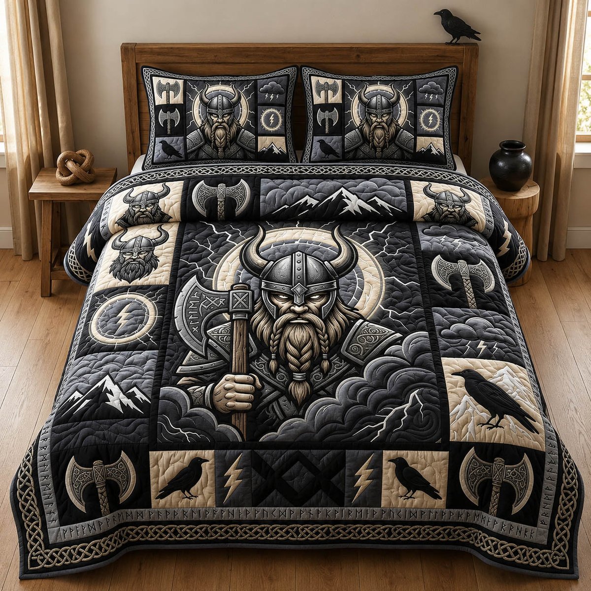 Raven Viking Skull 3 Piece Quilted Bedding Set Gift For Gothic Decor Lovers