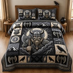 Raven Viking Skull 3 Piece Quilted Bedding Set Gift For Gothic Decor Lovers