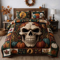 Autumn Harvest Skull 3 Piece Quilted Bedding Set Gift For Gothic Decor Lovers