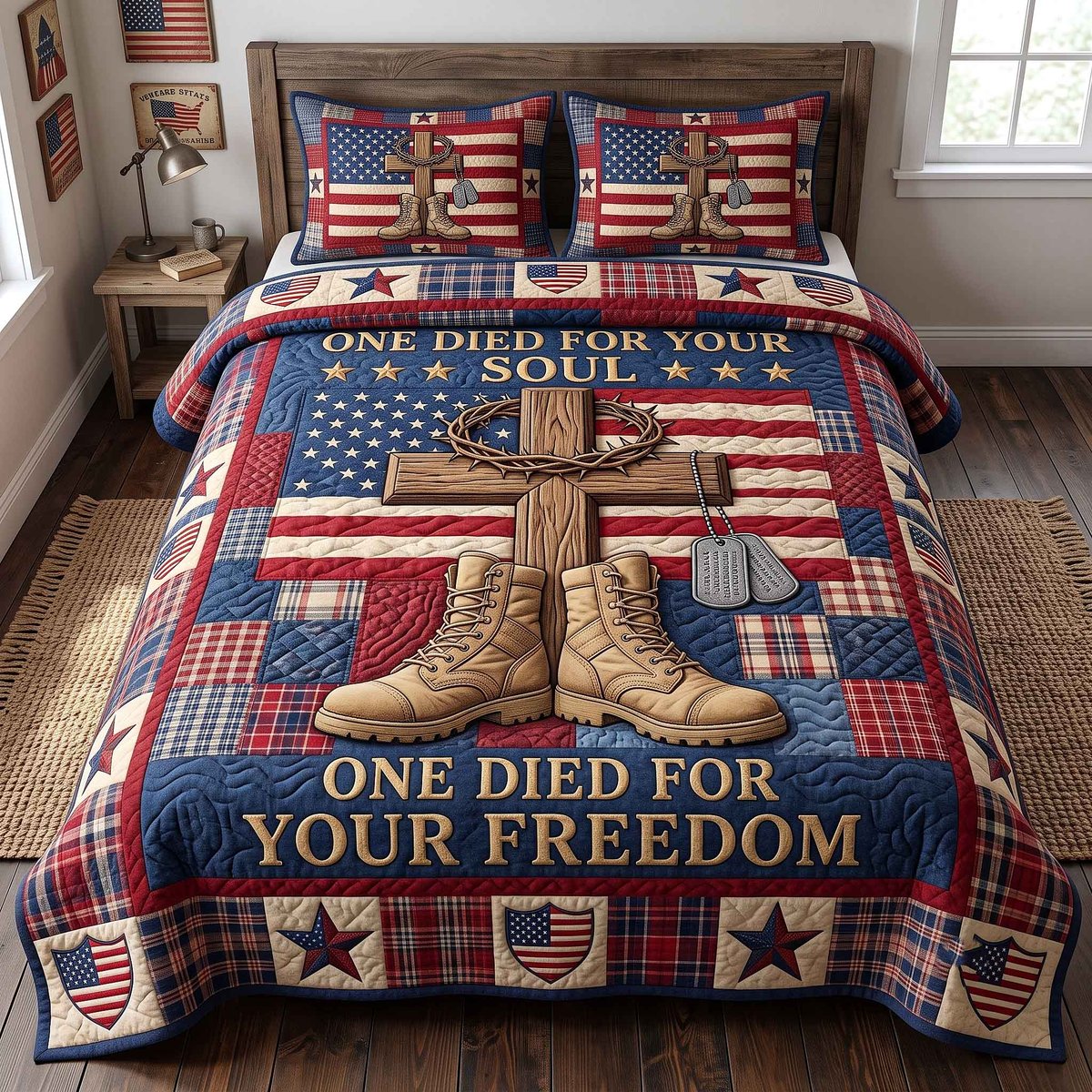 US Veteran 3 Piece Quilted Bedding Set Gift For Veterans