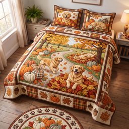 Harvest Golden Golden Retriever 3 Piece Quilted Bedding Set Gift For Dog Lovers